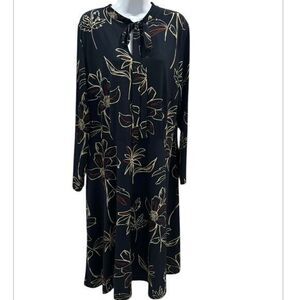 EUC Eloquii Dark Navy Floral Long Sleeve Midi Dress with Neck Tie Detail 18‎